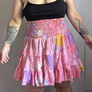 Y2K Silk Blend Pink Floral Smocked High Waist Mini Skirt